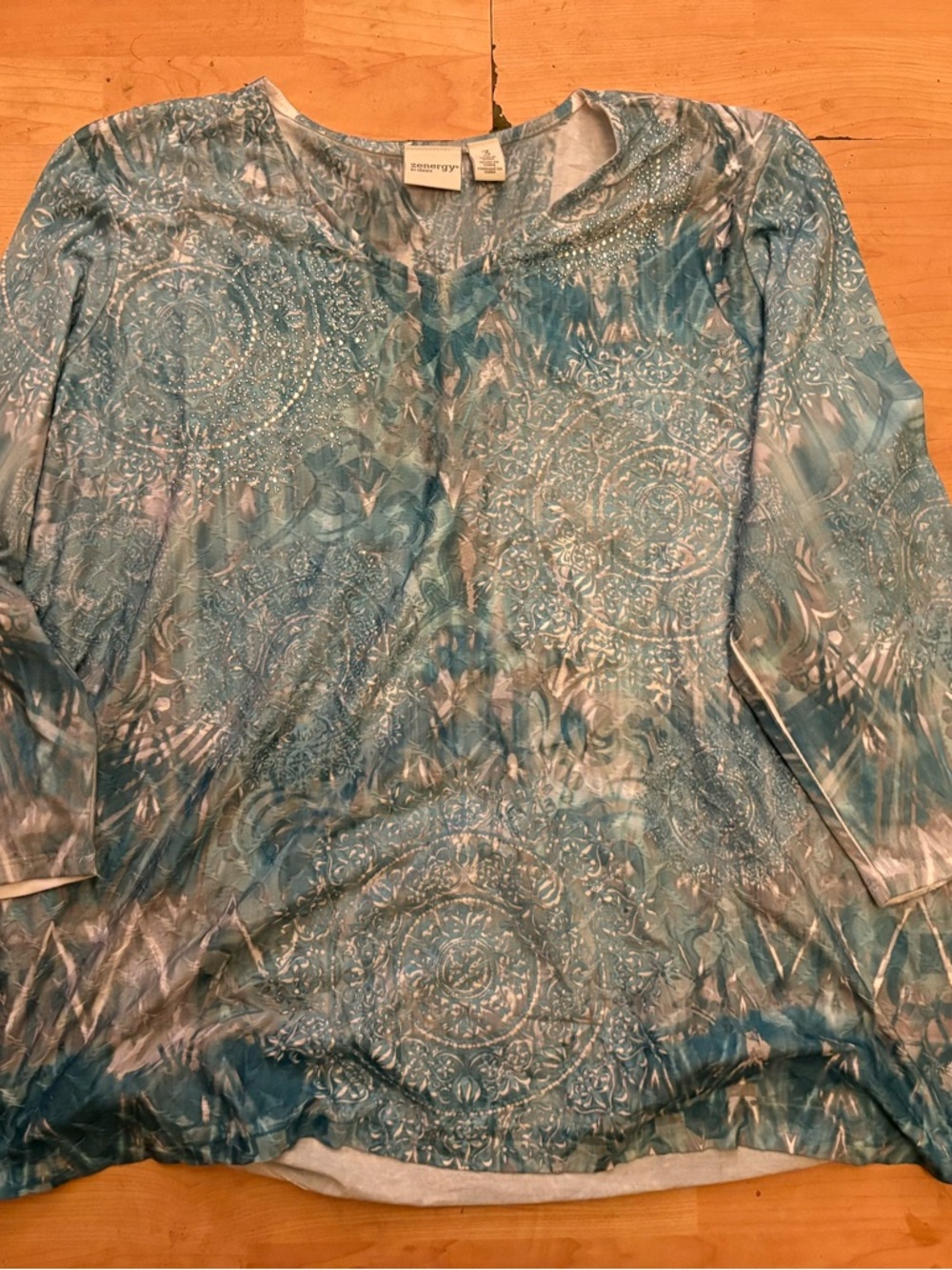CHICO’S Zenergy Aqua Blue 3/4 Sleeves Top Size XL women Rhinestones Casual M29